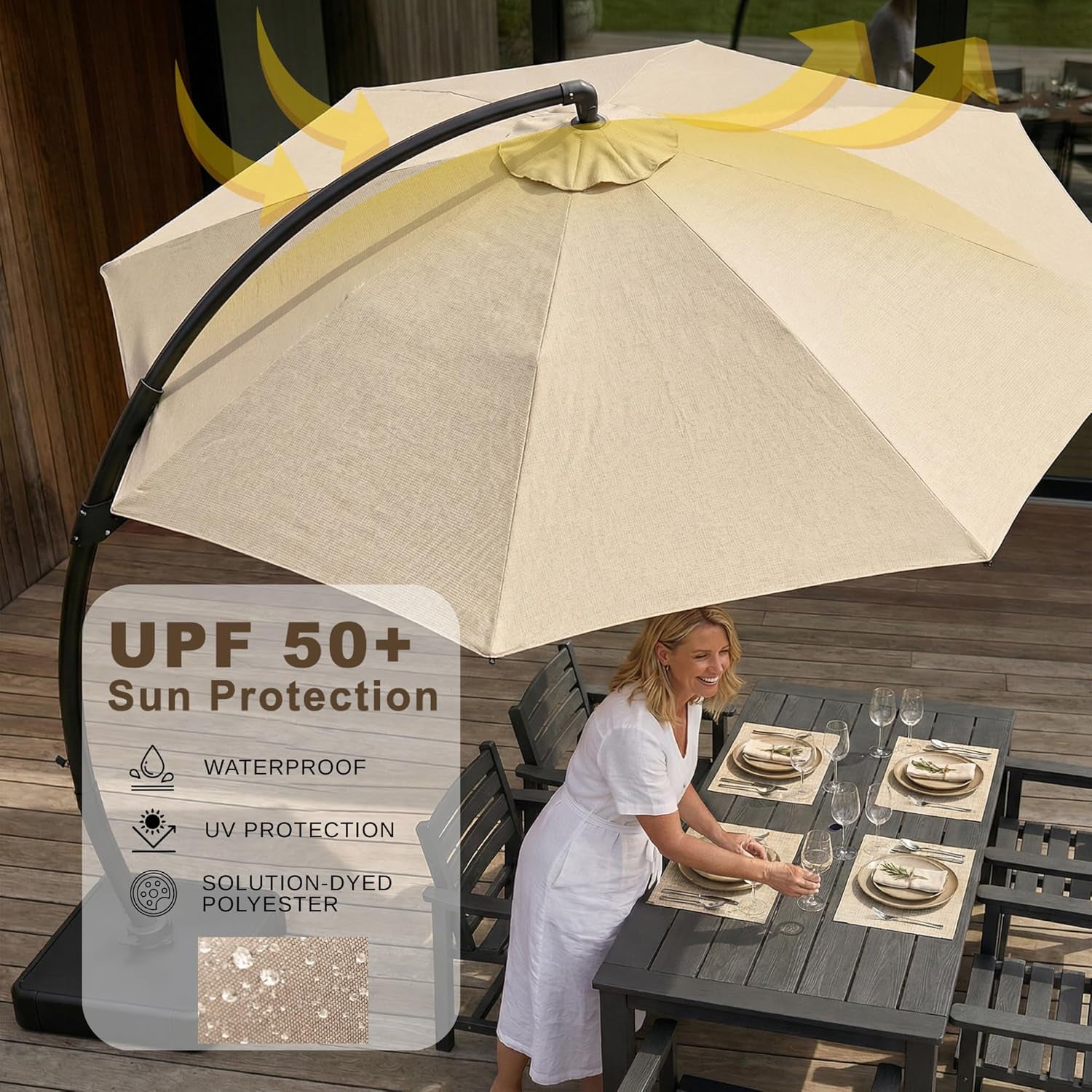 11Ft Offset Cantilever Patio Umbrella with Base Included, Large round Aluminum Outdoor Umbrella, 360° Rotation & Infinite Tilt, Heavy Duty Frame for Deck Pool Backyard, Beige