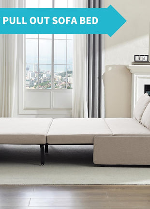 Elegant 64" Queen Size Convertible Sofa Bed - Chic Linen Upholstered Couch with Mattress & Pillows, Ideal for Compact Living Spaces and Accommodating Guests (Beige)