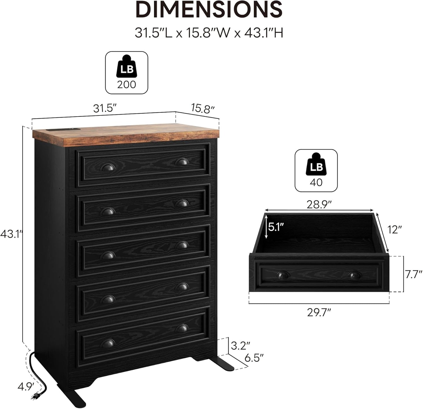 Farmhouse Bedroom Set, Power Strip, 4 Pieces Bedroom Furniture Set, 5 Drawer Dresser & 6 Drawer Dresser and 2 Nightstands, Chest of Drawers Wide Storage Cabinet for Bedroom, Black