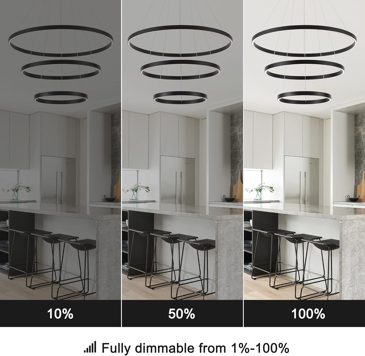 Elegant 3-Rings Black Modern LED Chandelier – Fully Dimmable High Ceiling Pendant Light for Dining Room, Living Room, Foyer & Staircase (Warm White 3000K, Adjustable Size 15.7"-31.4")