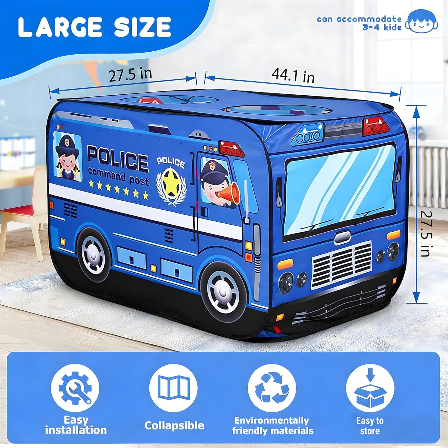 Pop up Play Tent for Kids - Foldable Indoor & Outdoor Playhouse Vehicle Toys for Toddlers, Boys and Girls - 2 Openings, Flat-Folding for Compact Storage(Police Car,Blue)