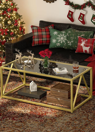 Contemporary Gold Glass Coffee Table for Living Room and Office, 39.4 x 19.7 x 17.7 Inches, Easy Assembly, Model GD04KF01