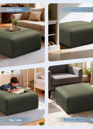 40-Inch Oversized Square Corduroy Ottoman Pouf - Plush Foam-Filled Footrest, Versatile Large Ottoman for Living Room, Sofa, Couch, and Bedroom, Green (Single Unit)