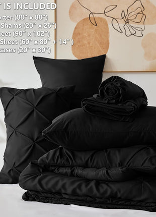 7-Piece Queen Comforter Set in Black - Premium Pintuck Bedding Set with Comforter, Sheets, Pillowcases, and Shams