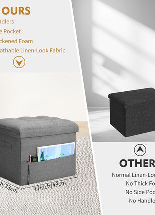 Extra Thick Foam Padded Storage Ottoman with Foldable Footrest, Linen Fabric Bench for Bedroom and Living Room, 43L Capacity, 300 lbs Weight Capacity, Dimensions: 17" x 13" x 13", Dark Gray