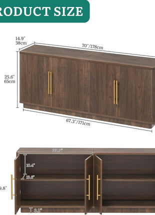 70-Inch Entertainment Center for TVs up to 80 Inches, Media Console with Four Fluted Doors and Generous Storage in Natural Oak Finish