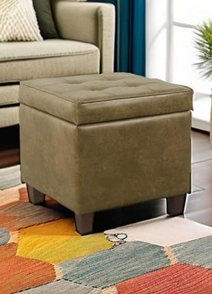 Square Tufted Storage Ottoman in Distressed Brown Faux Leather with Compact Design