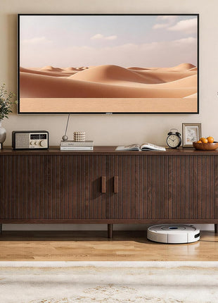 65-Inch Mid-Century Modern TV Stand with Power Outlet, Fluted Entertainment Center with Storage and Adjustable Shelves, Wood TV Console with Sliding Doors in Walnut Finish