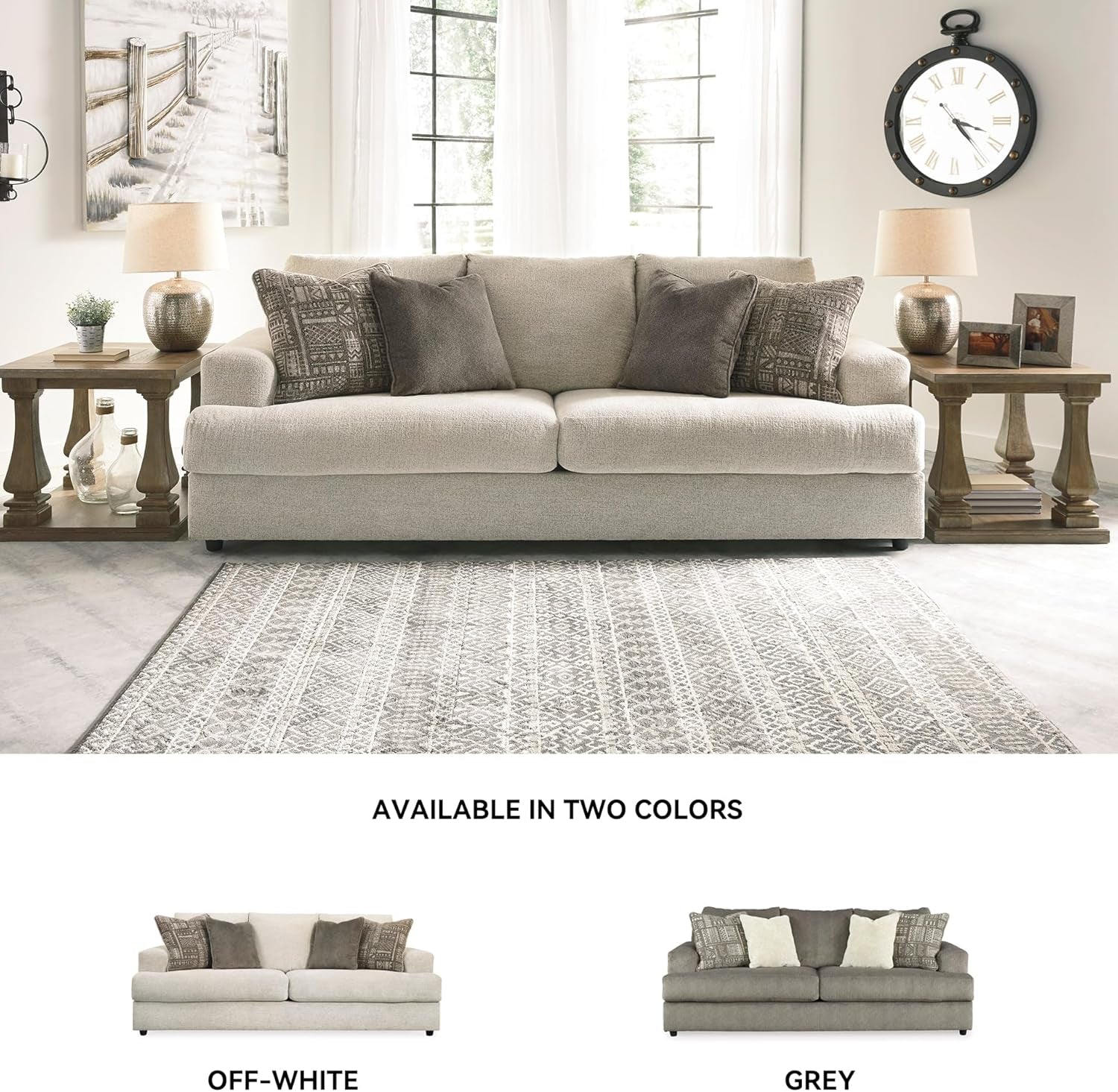 Soletren Contemporary Chenille Queen Sofa Sleeper with 4 Accent Pillows, Off-White