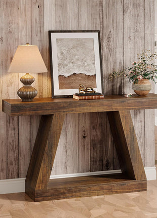 55-Inch Rustic Farmhouse Console Table with Storage - Industrial Wooden Entryway Table for Hallway and Living Room in Dark Brown