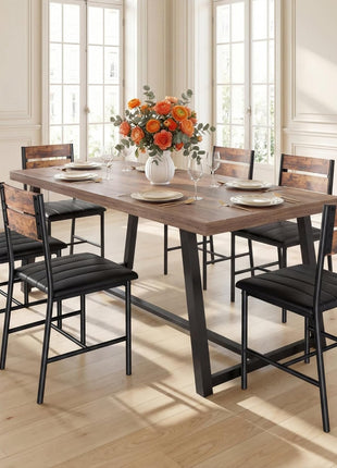 7-Piece Rustic Brown Dining Set for 6, 71-Inch Rectangular Kitchen Table with Upholstered Chairs and Metal Frame