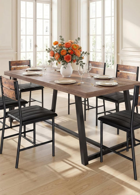 7-Piece Rustic Brown Dining Set for 6, 71-Inch Rectangular Kitchen Table with Upholstered Chairs and Metal Frame