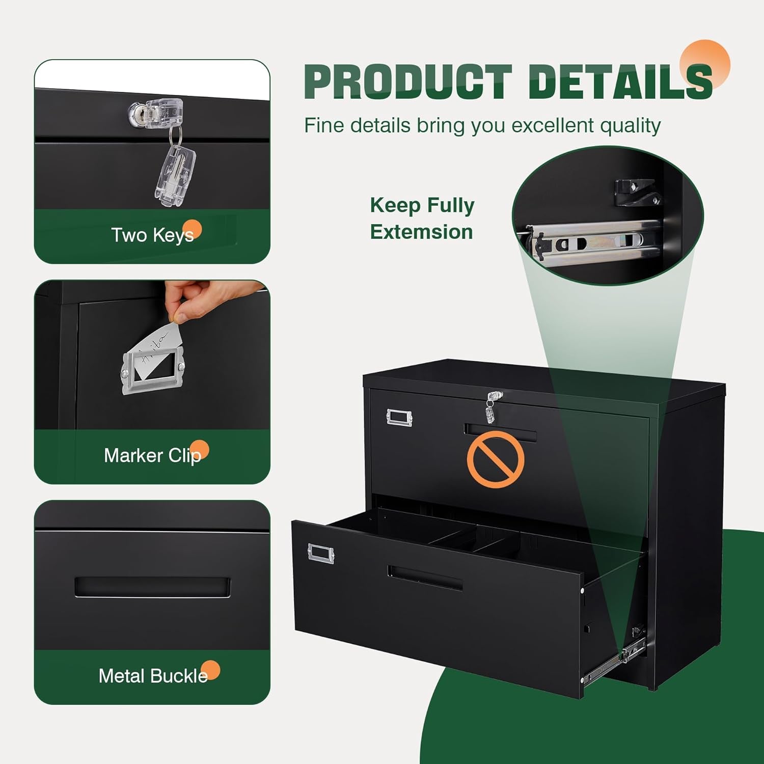 Metal Lateral File Cabinets with Lock,2 Drawer Steel Wide Filing Organization Storage Cabinets,Home Office Furniture for Hanging Files Letter/Legal/F4/A4 Size (Blcak-2 Drawer)