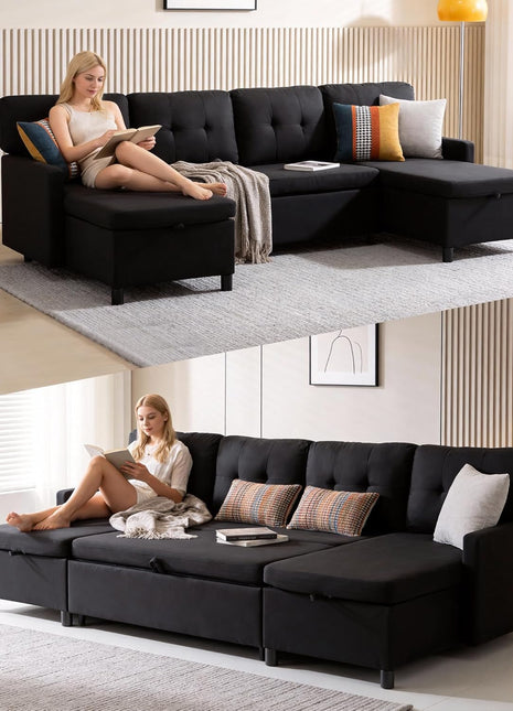 Oversized Sectional Sleeper Sofa with Storage Chaise - Comfortable Pull-Out Bed for Living Room in Stylish Black with Double Chaise