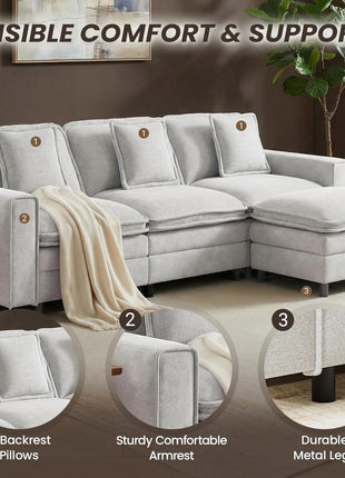 107" Modular Sectional Sofa with Ottoman, Deep 4-Seat L-Shaped Couch, Beige Cloud Couch with Throw Pillows for Living Room
