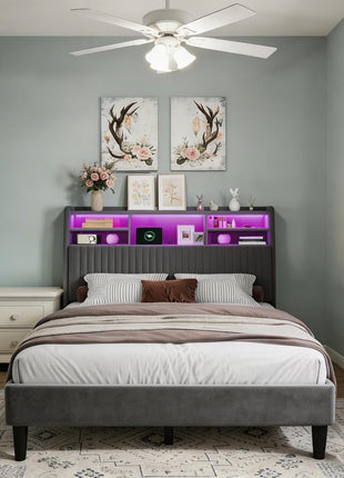 Full-Size Bed Frame with Vertical Channel Tufted Headboard, Integrated Storage Shelves, Velvet Upholstery, Charging Station, LED Lighting, Wooden Slats, and Noise-Free Design in Grey