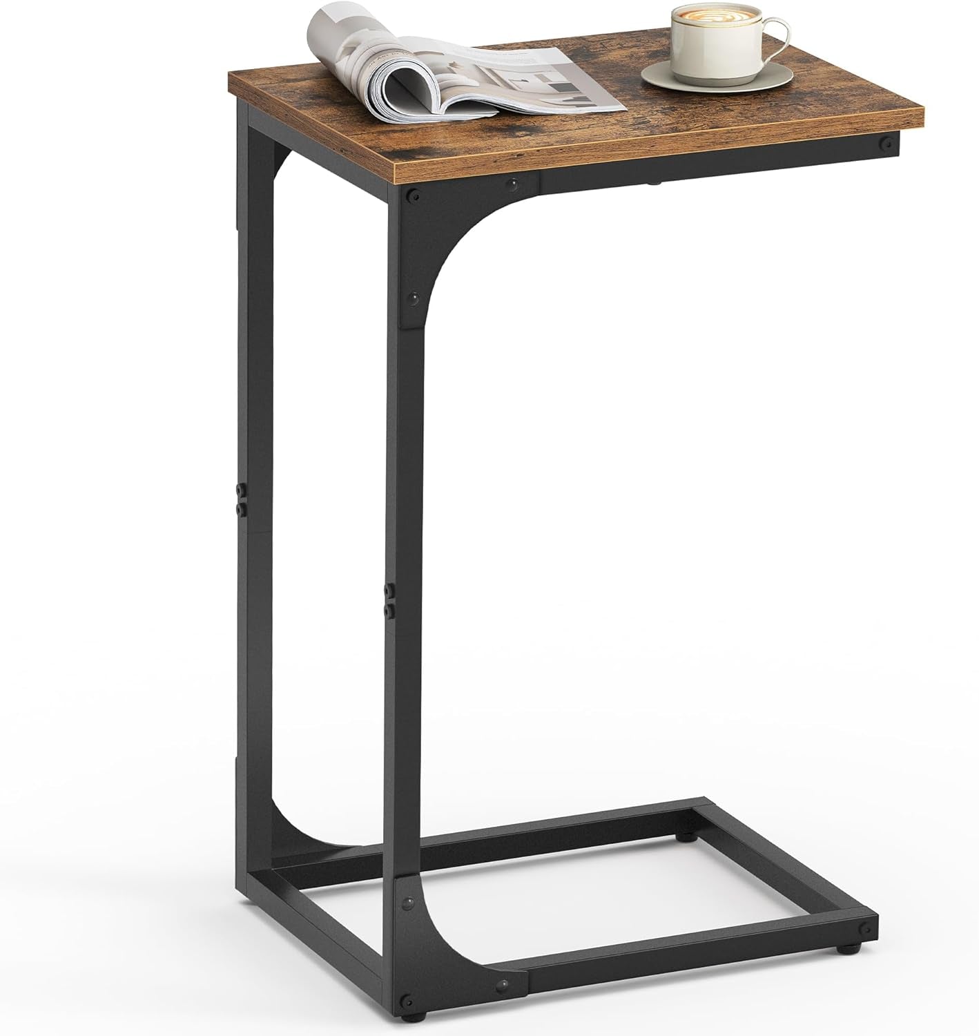 C-Shaped End Table, Small Side Table for Couch, Sofa Table with Metal Frame for Living Room, Bedroom, Bedside, Rustic Brown and Black