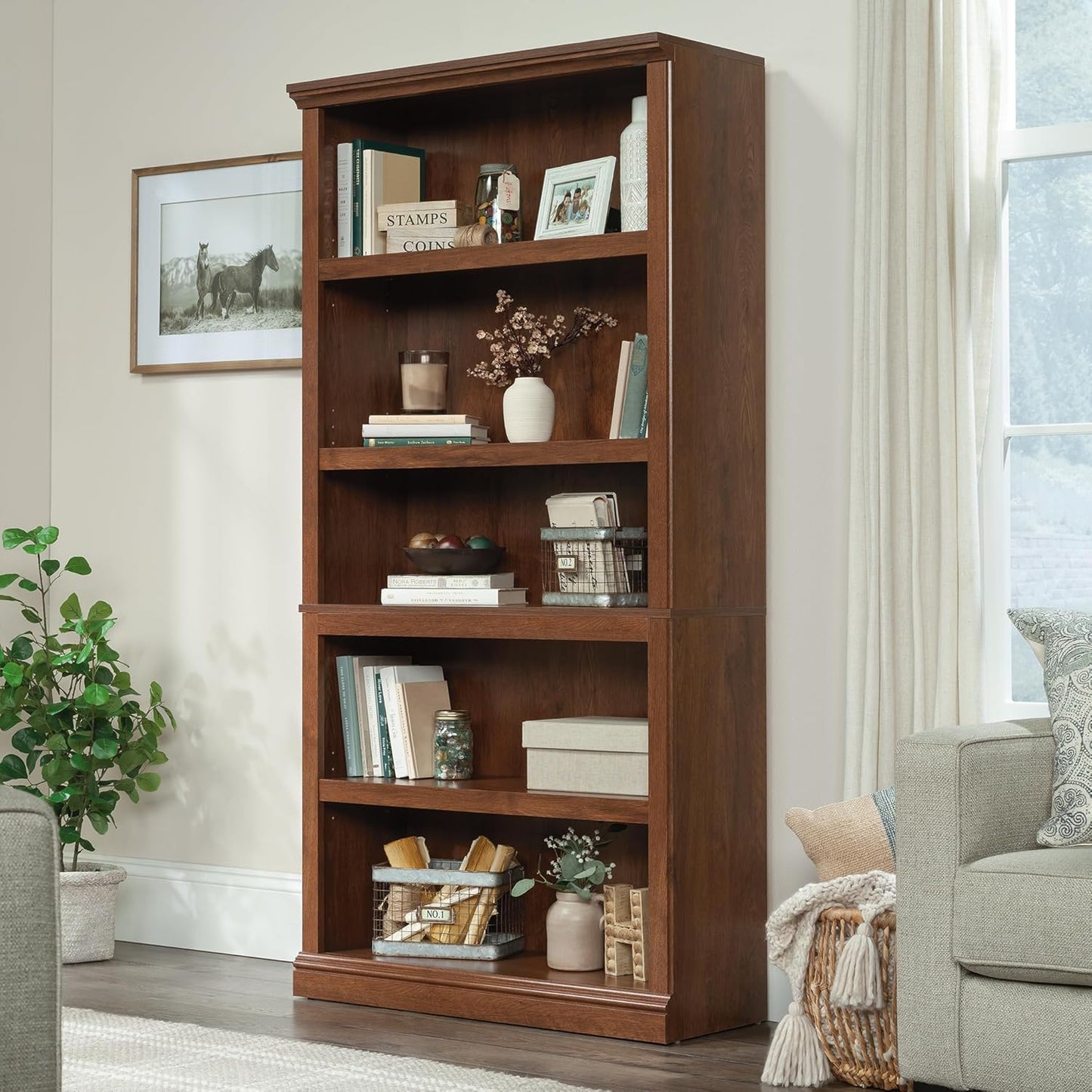 5-Shelf Split Bookcase/ Book Shelf, Oiled Oak Finish