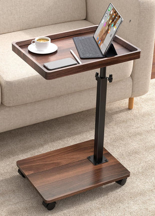 Adjustable Height C-Shaped End Table with 360° Swivel Functionality, Perfect for Compact Living Areas - Walnut Brown Finish