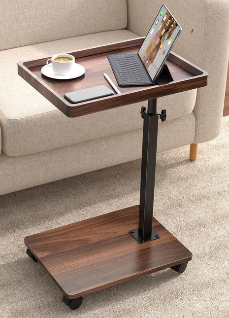 Adjustable Height C-Shaped End Table with 360° Swivel Functionality, Perfect for Compact Living Areas - Walnut Brown Finish