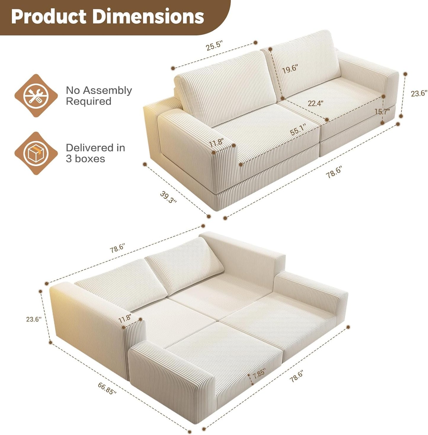78" Convertible Loveseat Sofa, Comfort Corduroy Futon Sofa Bed, Wide Armrest, Deep Seat, No Assembly, Folding Sofa Bed for Living Room/Home Office/Apartment (Beige, Loveseat)