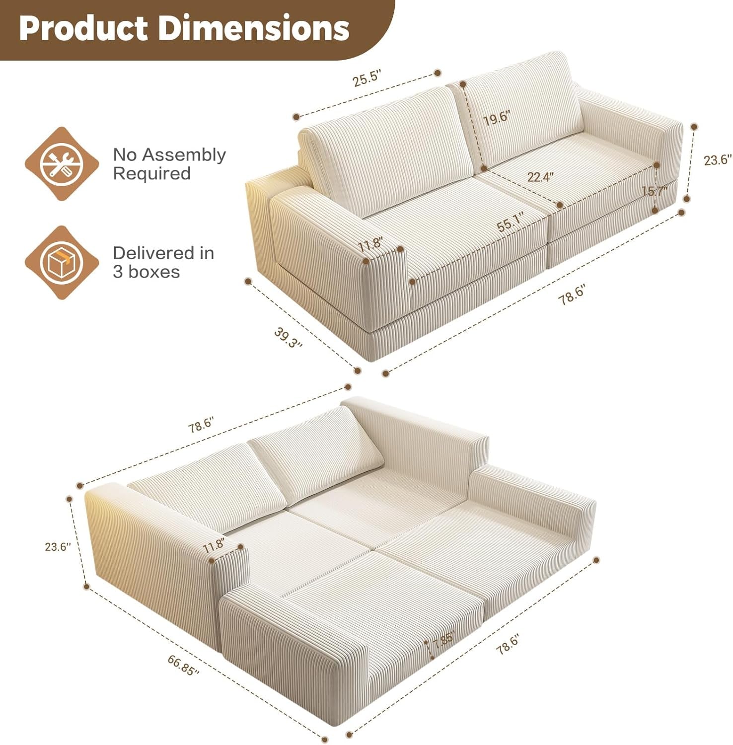 78" Convertible Loveseat Sofa, Comfort Corduroy Futon Sofa Bed, Wide Armrest, Deep Seat, No Assembly, Folding Sofa Bed for Living Room/Home Office/Apartment (Beige, Loveseat)