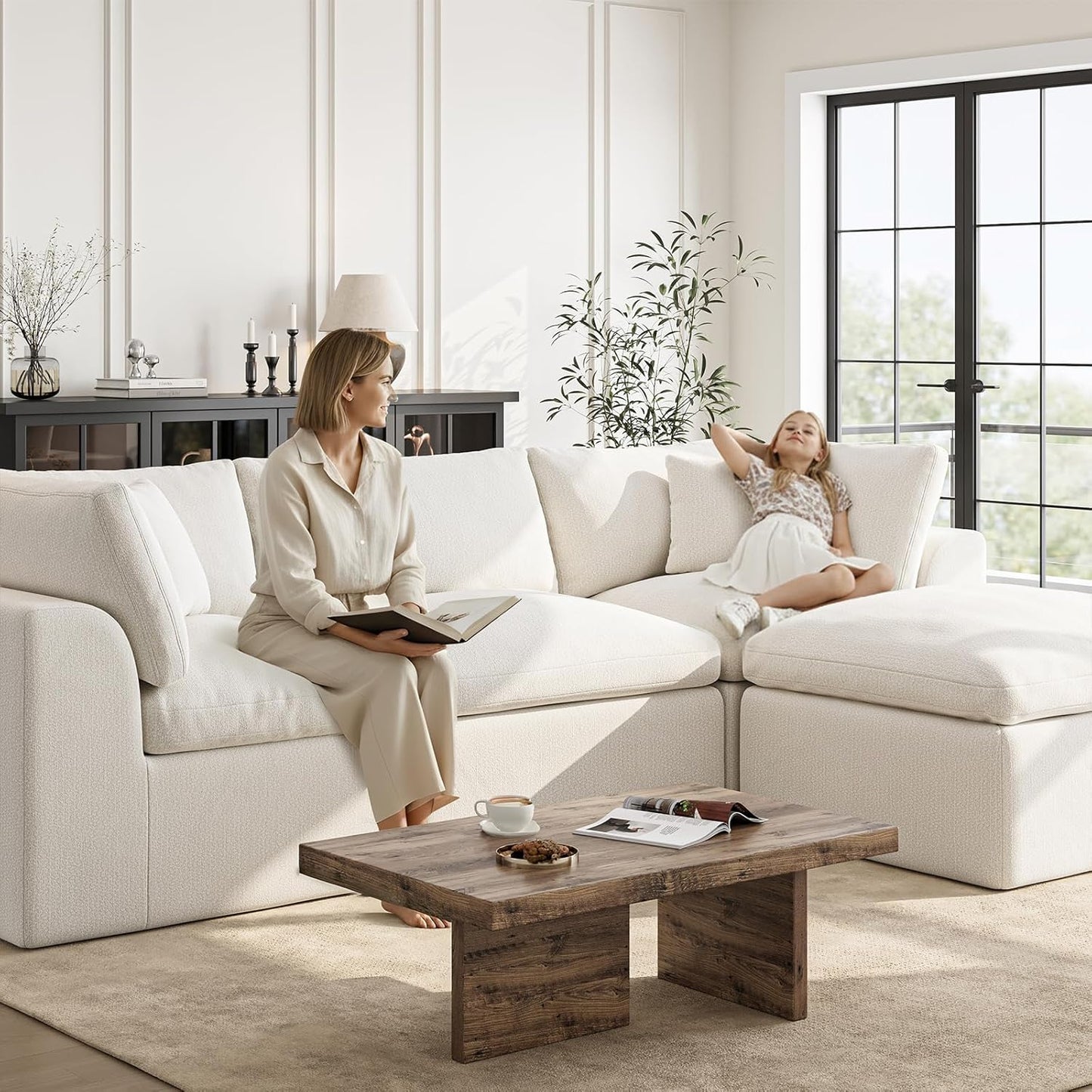 Cloud Sectional Couches for Living Room | 108 Inch L-Shaped Boneless Couch with Ottoman | Modular Sectionals Sofa Couch Ivory White