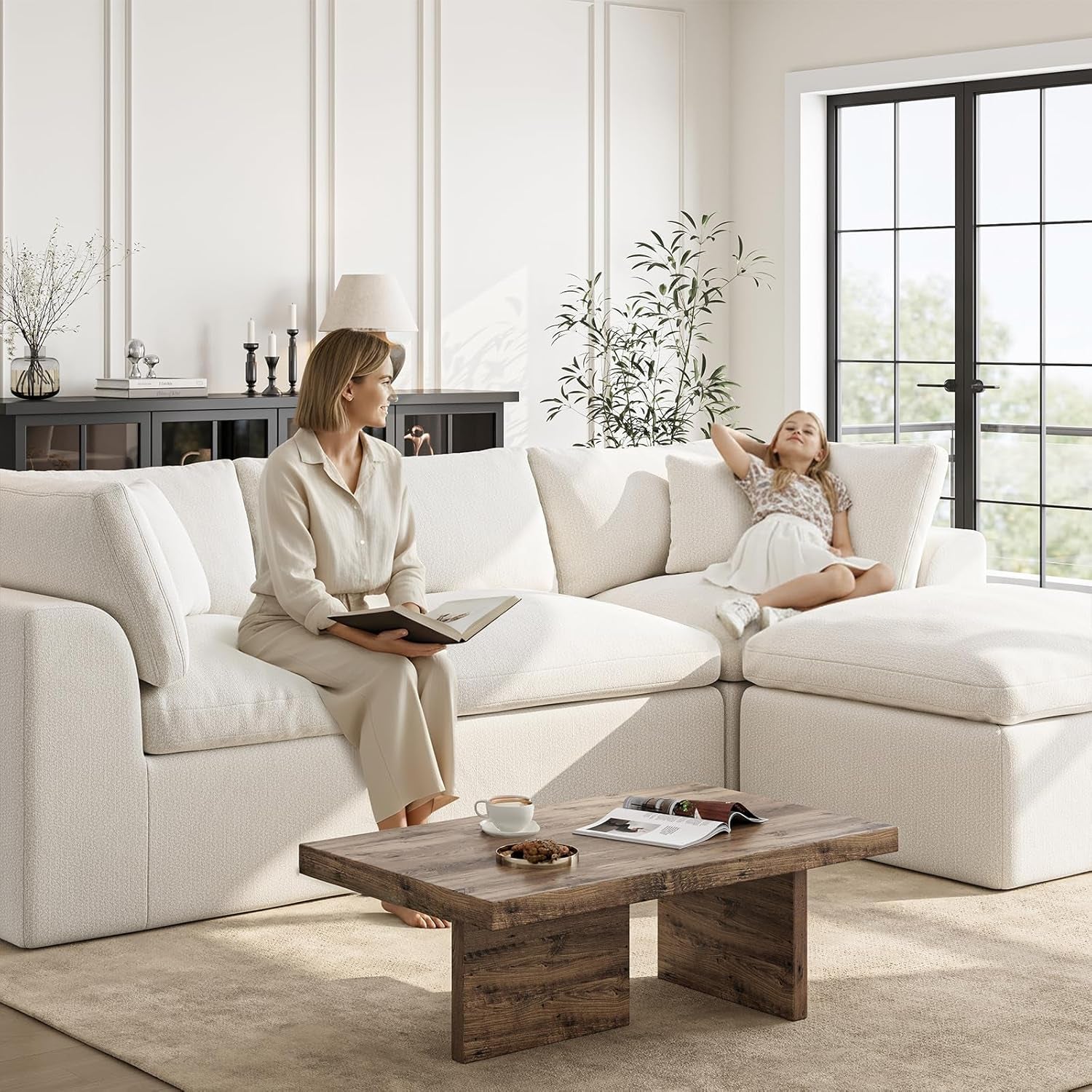 Cloud Sectional Couches for Living Room | 108 Inch L-Shaped Boneless Couch with Ottoman | Modular Sectionals Sofa Couch Ivory White