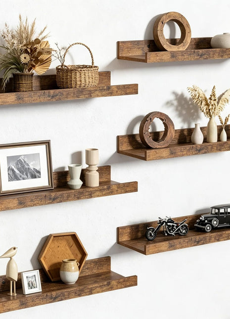 Set of 6 Versatile Floating Wall Shelves in Brown Finish for Home Decor in Bedroom, Living Room, Bathroom, and Kitchen