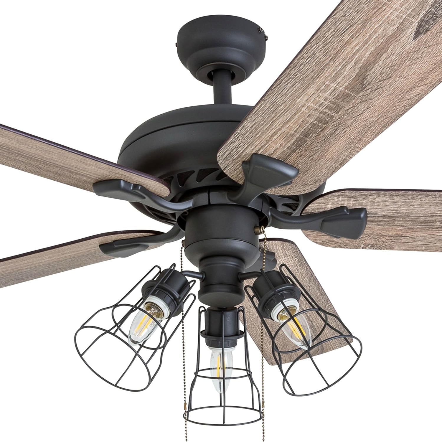 Lincoln Woods, 52 Inch Industrial Style LED Ceiling Fan with Light, Pull Chain, Three Mounting Options, 5 Dual Finish Blades, Reversible Motor - 50581-01 (Bronze)