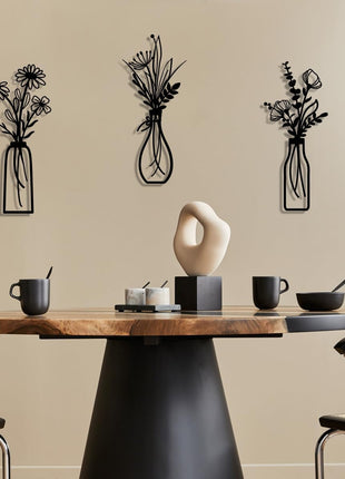 Set of 3 Rustic Black Metal Flower Wall Art - Minimalist Decor for Living Room, Bathroom, Bedroom, and Dining Room - Perfect Housewarming Gift (Black, Vase-C)