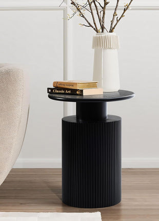 Luxenhome 21-Inch Fluted Black Round Side Table - Contemporary Accent End Table for Living Room, Bedroom, and Nightstand Applications