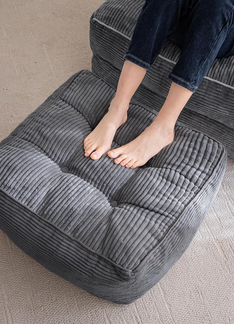 Square Corduroy Pouf Ottoman with Foam Filling, Fluffy Foot Stool and Storage Solution, 25.6 x 25.6 Inches in Dark Grey