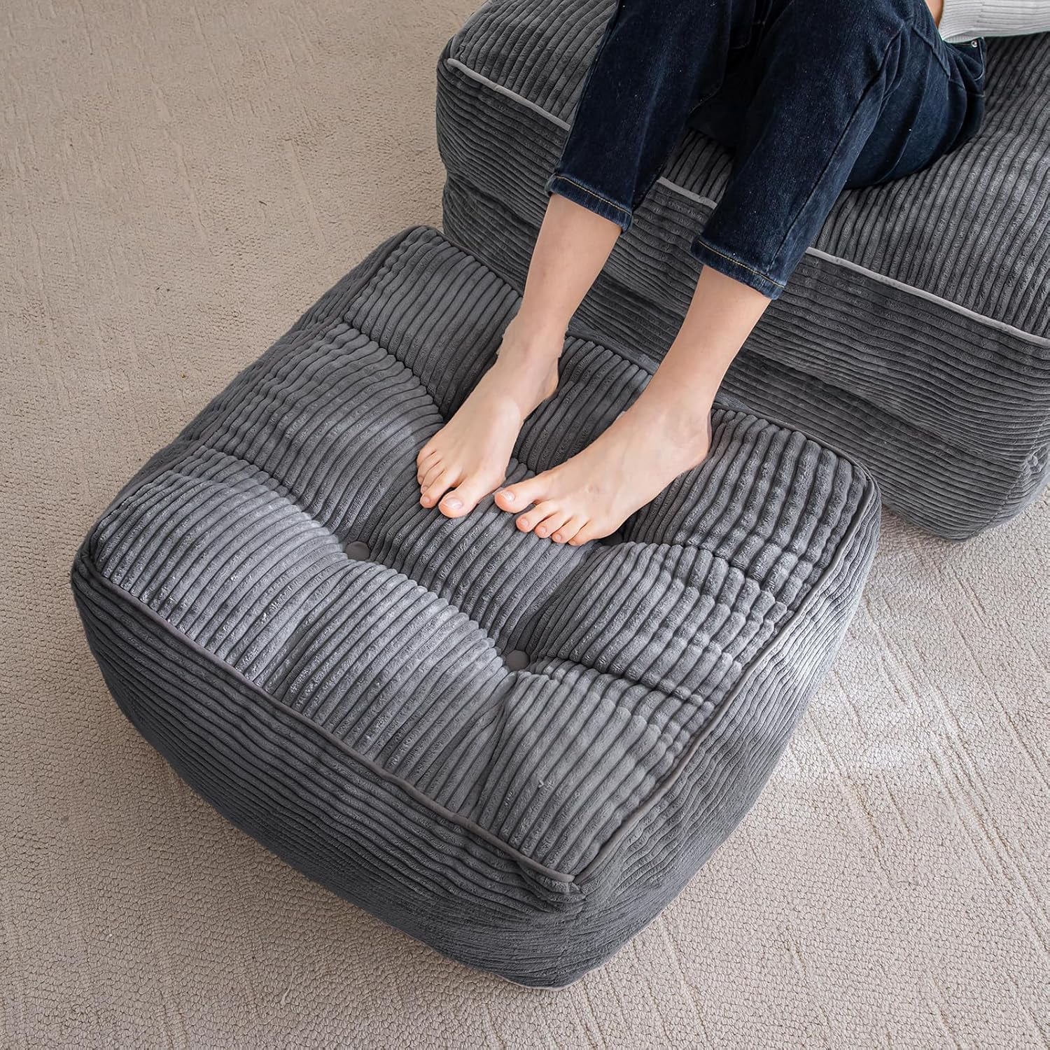 Square Stuffed Pouf Ottoman, Corduroy Poufs with Foam Chunk Filling, Furry and Fluffy Pouf Foot Stool Storage Ottoman, 21 X 21 Floor Poufs Foot Rest for Living Room, Dark Grey