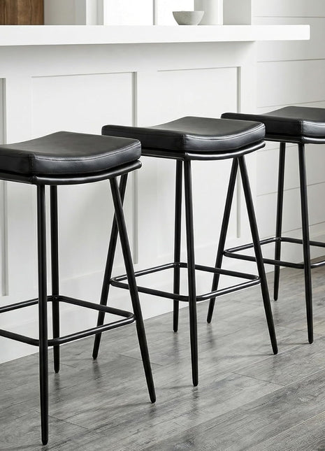 Set of 3 Contemporary 26-Inch Black Leather Backless Saddle Bar Stools with Dual-Layer Cushion and Metal Legs for Kitchen Counter and Dining Room