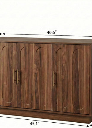 46.6" Modern Farmhouse 3-Door Storage Cabinet, Rustic Brown Sideboard Buffet with Gold Accents, Spacious Fluted Wood Credenza for Dining and Living Spaces, Coffee Bar