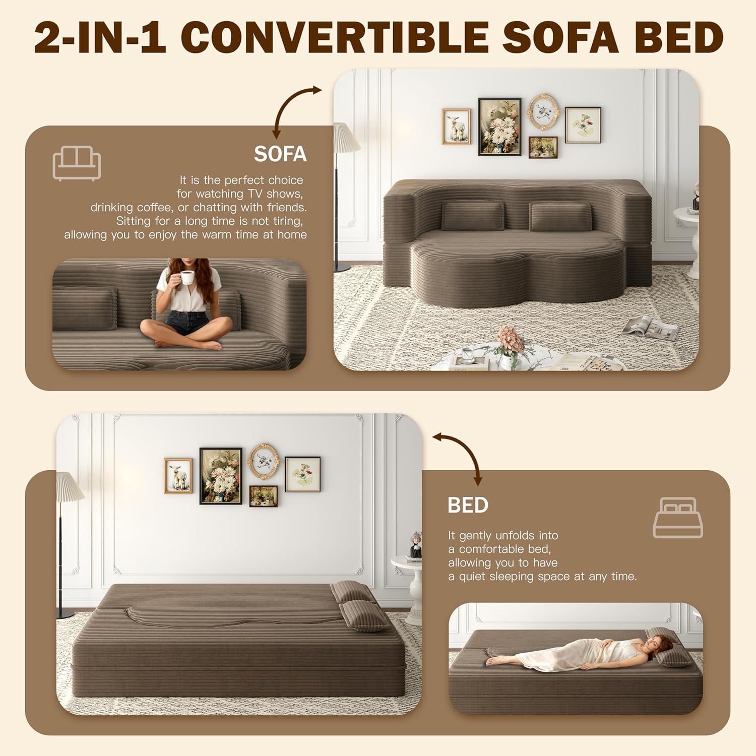 78In Sofa Couch Convertible Oversized Cloud Loveseat Minimalist Sleeper Sofa Bed for Living Room, Apartment, Office, No Assembly Required (Coffee Corduroy)