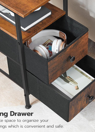 Slim End Table with Integrated Charging Station and Dual Non-Woven Drawers, Space-Saving Design in Rustic Brown and Black Finish, Ideal for Living Room and Bedroom Use