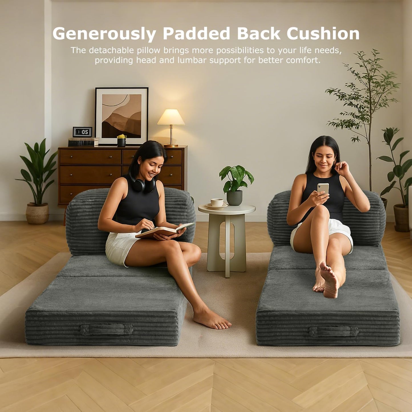 Folding Sofa Bed, Convertible Sleeper Chair Foldable Mattress with Back Support, Comfy Floor Couch Sofa Lounge for Living Room Bedroom, Grey, Single