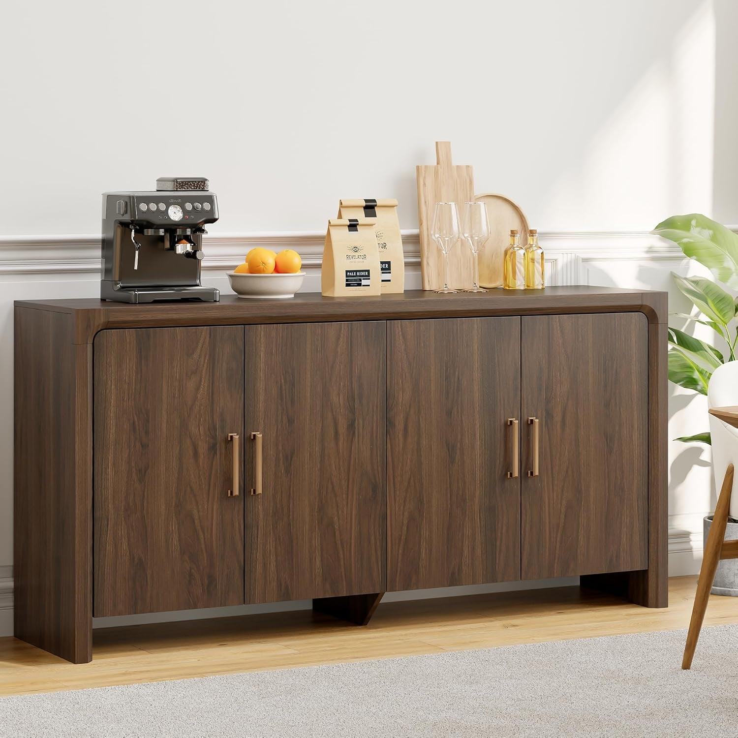 63" Buffet Cabinet with 4 Doors and Adjustable Shelves, Sideboard Buffet Cabinet with Storage, Wood Kitchen Console Table, Modern Coffee Bar for Kitchen, Living Room, Hallway (Walnut)
