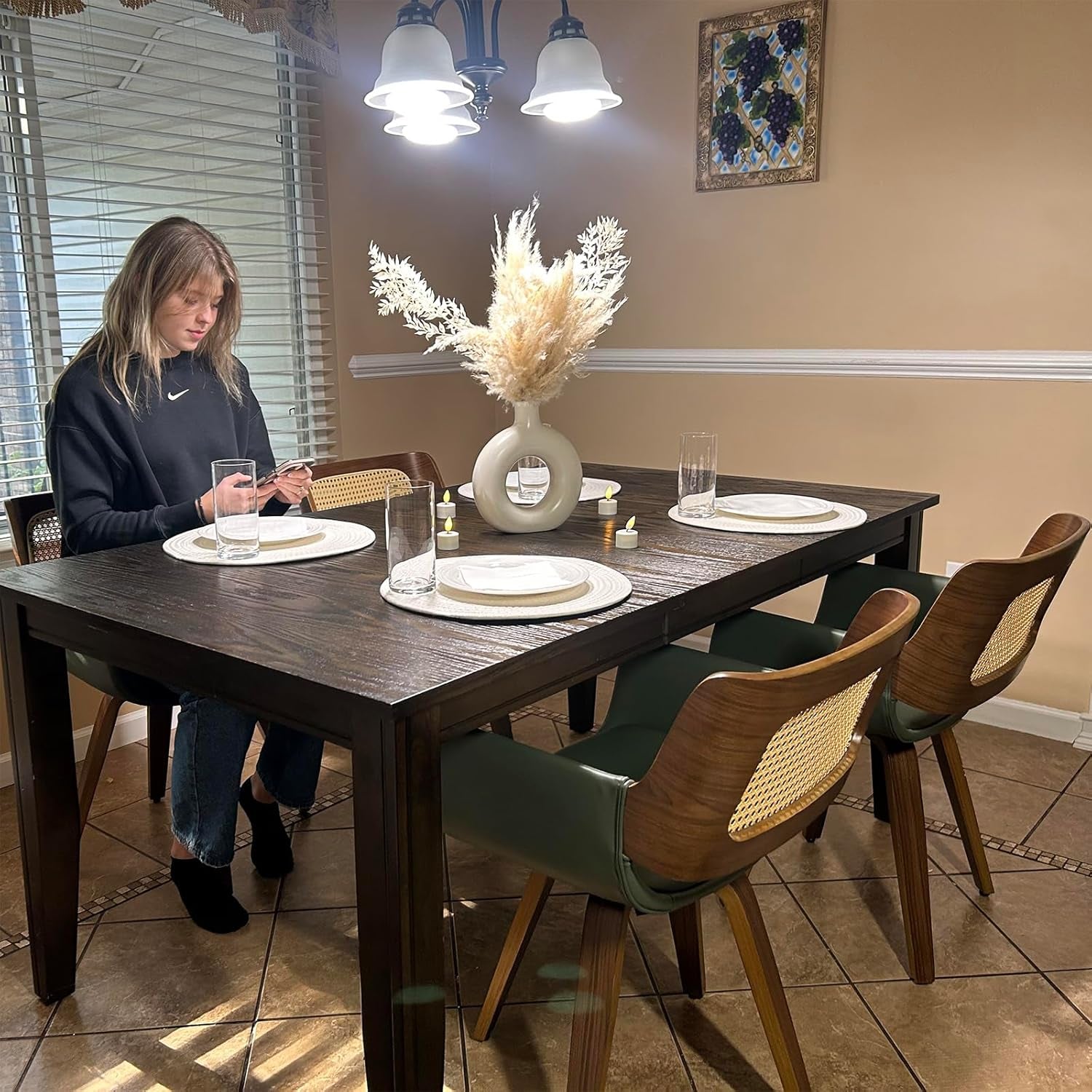 Set of 4 Dining Room Chairs with Arms - Swivel Cane Dining Chairs with Ergonomic Rattan Back, Walnut Bentwood Frame, Curved Arms, Versatile for Restaurant/Living Room/Kitchen (Walnut Green)