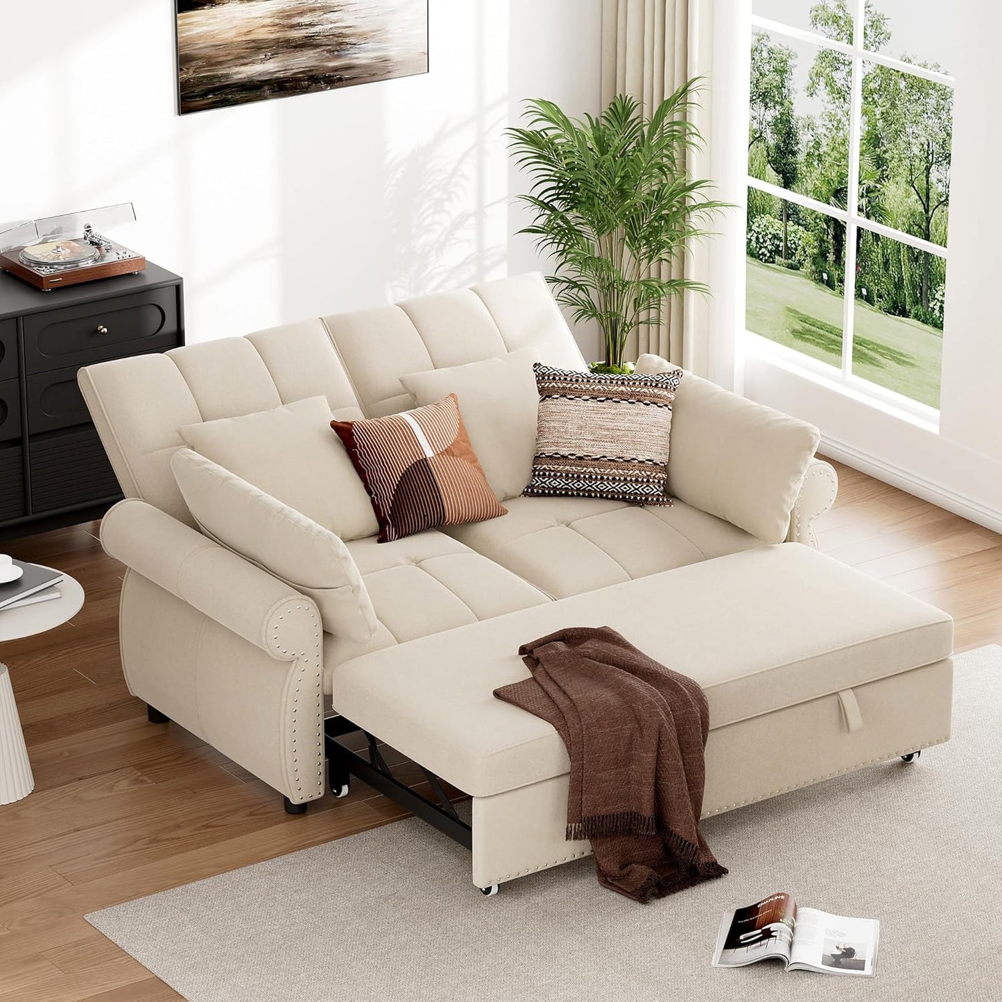 3 in 1 Sofa Bed, 61 Inch Convertible Pull Out Couch with Four Pillows, Loveseat Sleeper Sofa with Adjustable Backrest, Sofa Couches for Living Room, Bedroom, Apartment, Chenille Fabric, Beige