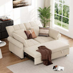 3 in 1 Sofa Bed, 61 Inch Convertible Pull Out Couch with Four Pillows, Loveseat Sleeper Sofa with Adjustable Backrest, Sofa Couches for Living Room, Bedroom, Apartment, Chenille Fabric, Beige