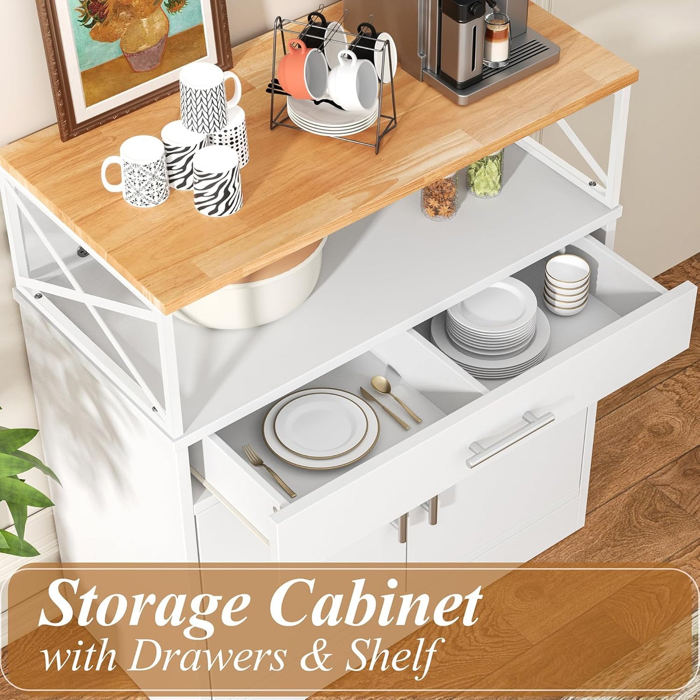 Kitchen Buffet Cabinet with Adjustable Shelf, Modern Kitchen Storage Cabinet,Farmhouse Coffee Bar Cabinet（White）