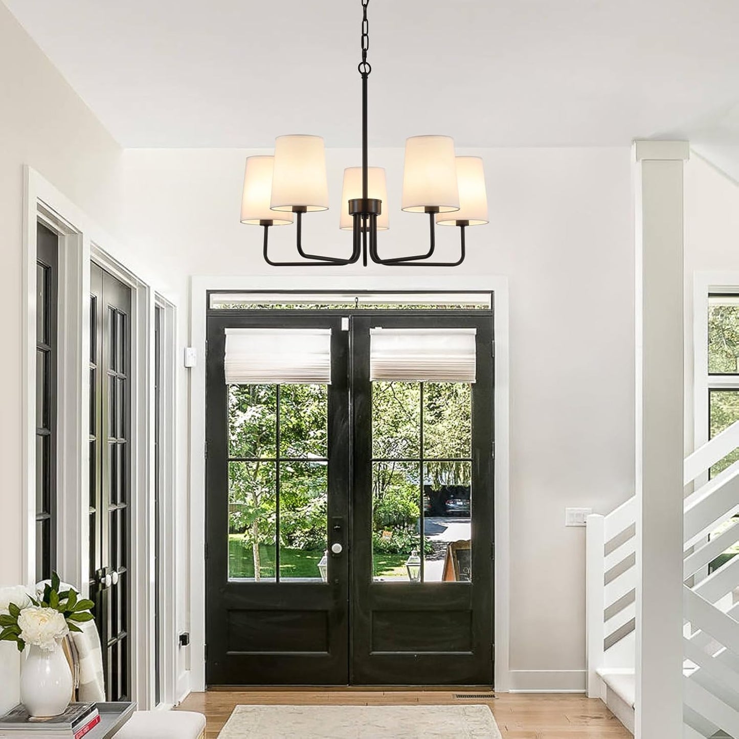 Farmhouse Chandelier, Matte Black with White Fabric Shade, Farmhouse Linear Island Lighting Fixture for Kitchen, Dining Room (5-Light Matte Black with Fabric Shades)