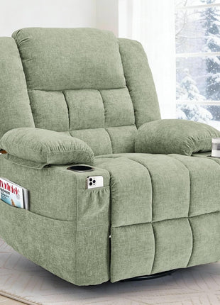 360° Swivel Rocker Recliner Chair for Adults with Massage and Heating Function, Nursery Glider Recliner Featuring Cup Holder, Manual Recliner for Living Room and Bedroom (Fabric, Dark Gray)