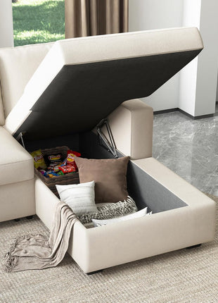 Elegant U-Shaped Sectional Sofa with Pull-Out Bed and Storage in Velvet Beige