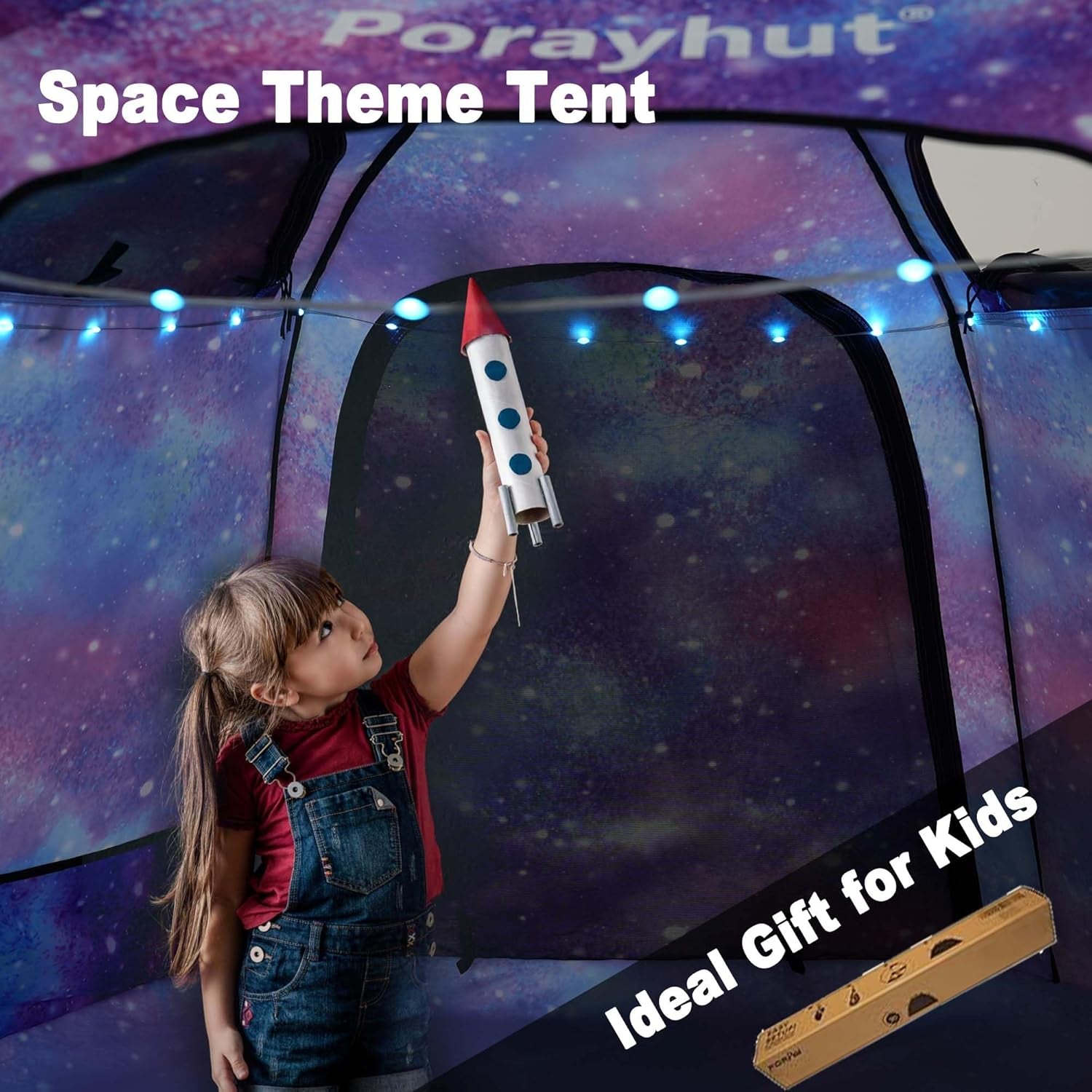 Portable Hexagon Kids Play Tent with LED Strip Lights Indoor Children Play House Easy Set-Up Space Large Dream Tent for Night 4-5 Person & Birthday Gifts