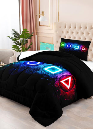 Twin Gaming Comforter Set for Boys - Black Video Game Controller Bedding with Comforter and Pillowcase for Kids' Bedroom Decor