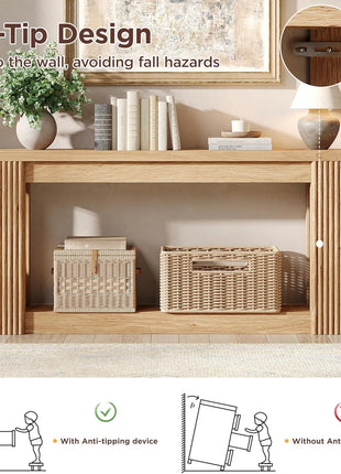 71-Inch Fluted Wooden Console Table with Dual Storage - Rectangular Entryway Table for Living Room, Hallway, and Entrance in Natural Finish